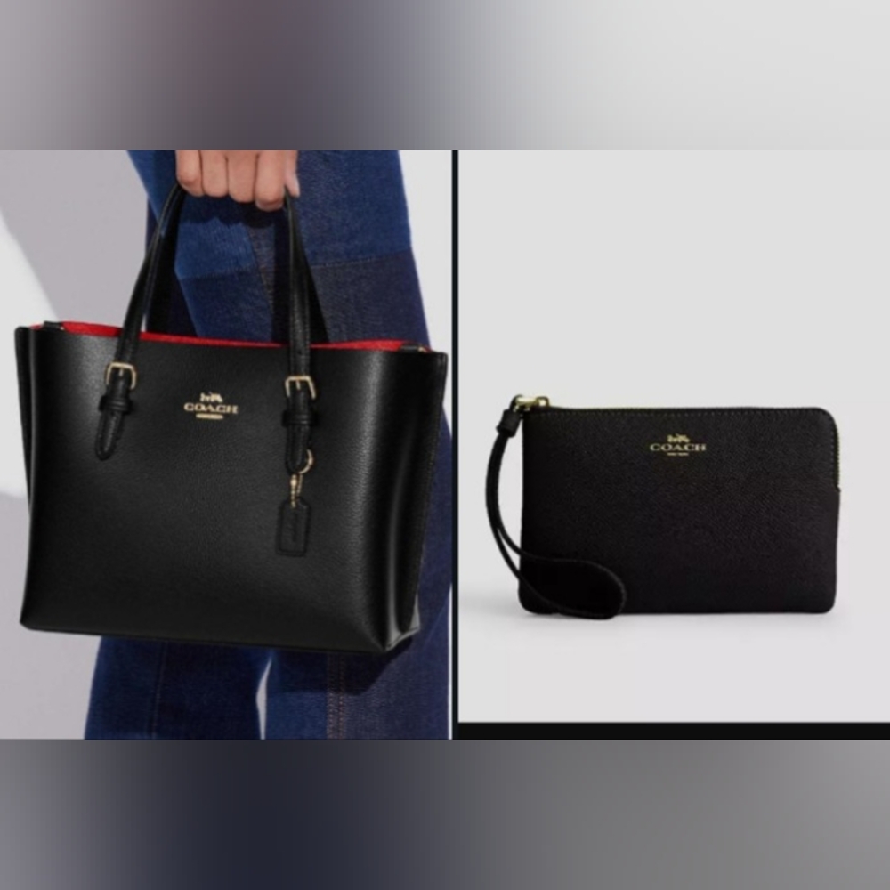 Coach-2PC Mollie 25 Tote-Crossbody Bag &  L-Zip Wristlet (Black / Red ♥️🖤)